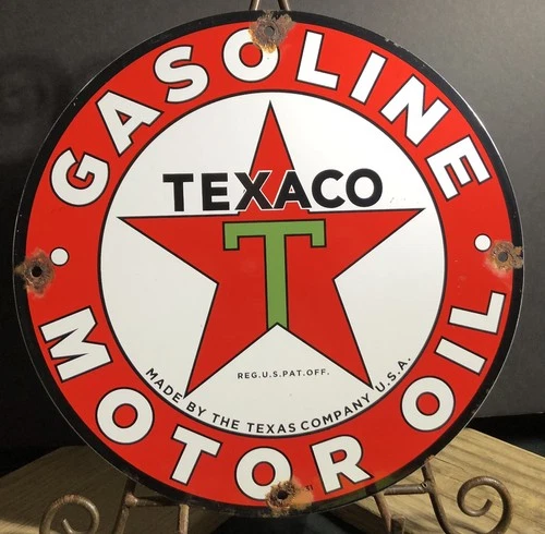 VINTAGE 1931 DATED TEXACO GASOLINE MOTOR OIL GAS PORCELAIN SIGN