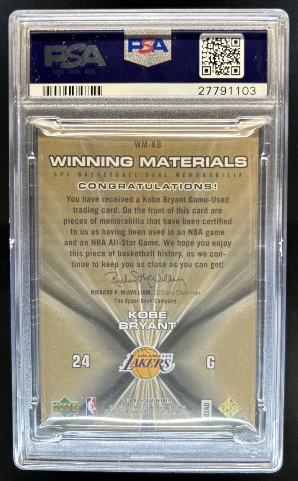 2006-07 SPx Kobe Bryant Winning Jersey #WM-KB Lakers PSA 9 view 2
