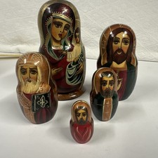 Russian Nesting Matryoshka Doll Set 5 HandPainted signed Religious stack Vintage