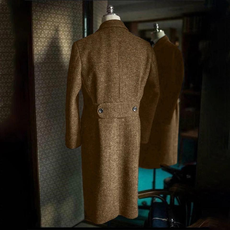 Abrigos largos de tweed espiga para hombre mezcla de lana abrigo de doble botonadura ropa exterior Foto 3 de 4