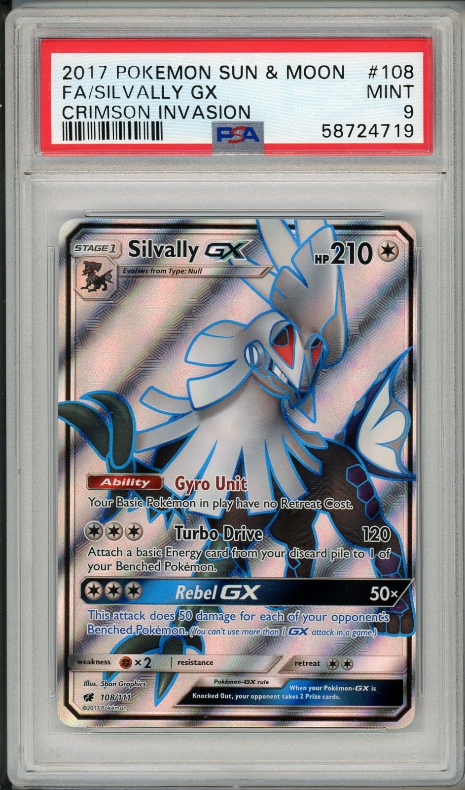 2017 Pokemon Sun & Moon Crimson Invasion Silvally GX Full Art #108 PSA 9
