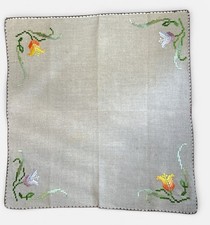 Table Topper Cotton Tablecloth Embroidered Flowers Crochet Trim 24 Square