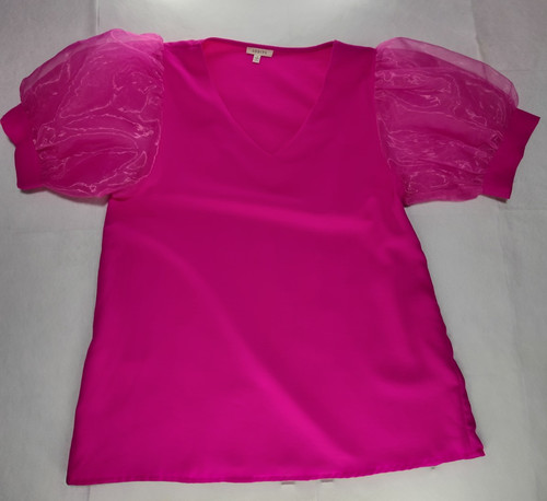 JODIFL Women's Small Hot Pink V-Neck Blouse Neon Fuchsia Puff Shoulder