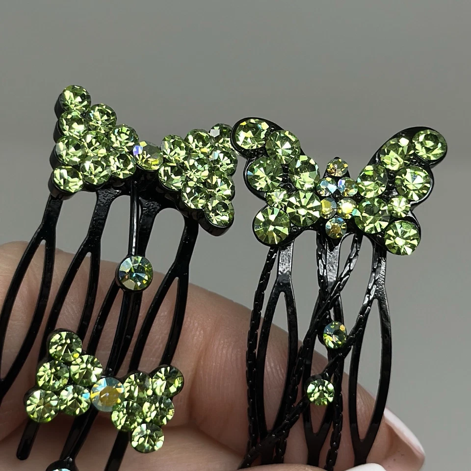 Vintage Green Rhinestone Butterfly Hair Combs Black Metal Dangle Hair Pins Pair - Image 2 of 4