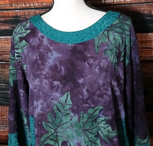 KUSNADI Tunic Top Size M Bohemian Leaf Print Rayon Side Slits 3/4 Sleeve Art - Picture 4 of 10