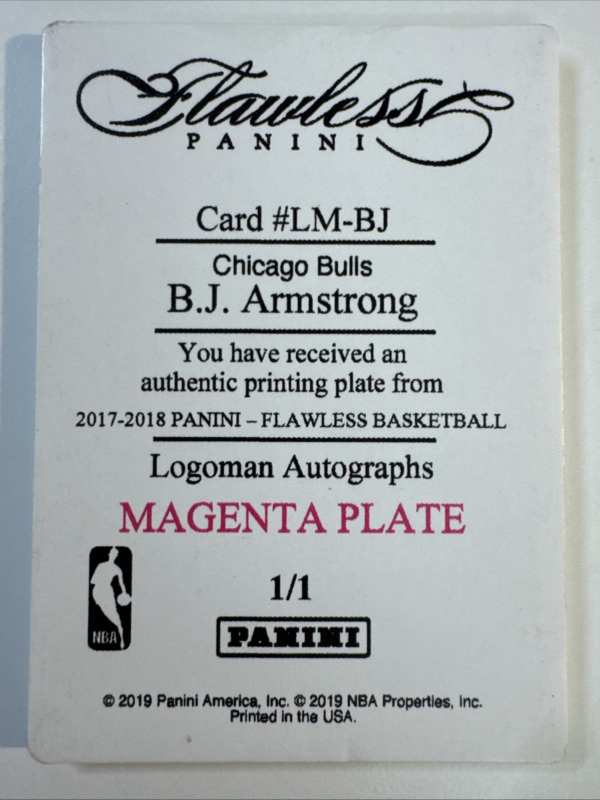 2017-18 Panini Flawless B.J. Armstrong Logoman Auto Magenta Printing Plate #1/1 view 2