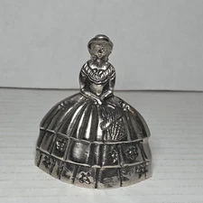 Vintage Antique Metal Victorian Lady Bell Southern Belle 3.5" Tall Silver Tone