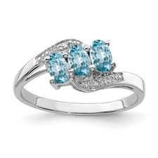 Sterling Silver Rhodium 3 Stone Light Swiss Blue Topaz  Diamond Ring Size 7