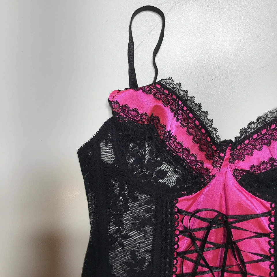 Leg Avenue Womens Satin Underwire Black & Pink Camigarter Lace Top Only Large - Image 3 of 4