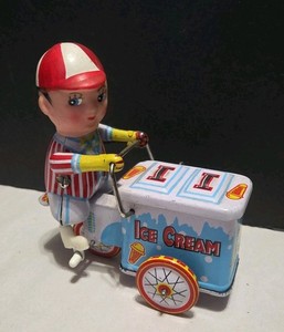 Vtg Tin Litho Wind-Up Clockwork Ice Cream Vendor Bicycle Boy Toy Collectible VGC