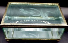 Vintage Etched Beveled Glass Brass Trinket Jewelry Box Mirrored 5"x3"x2"