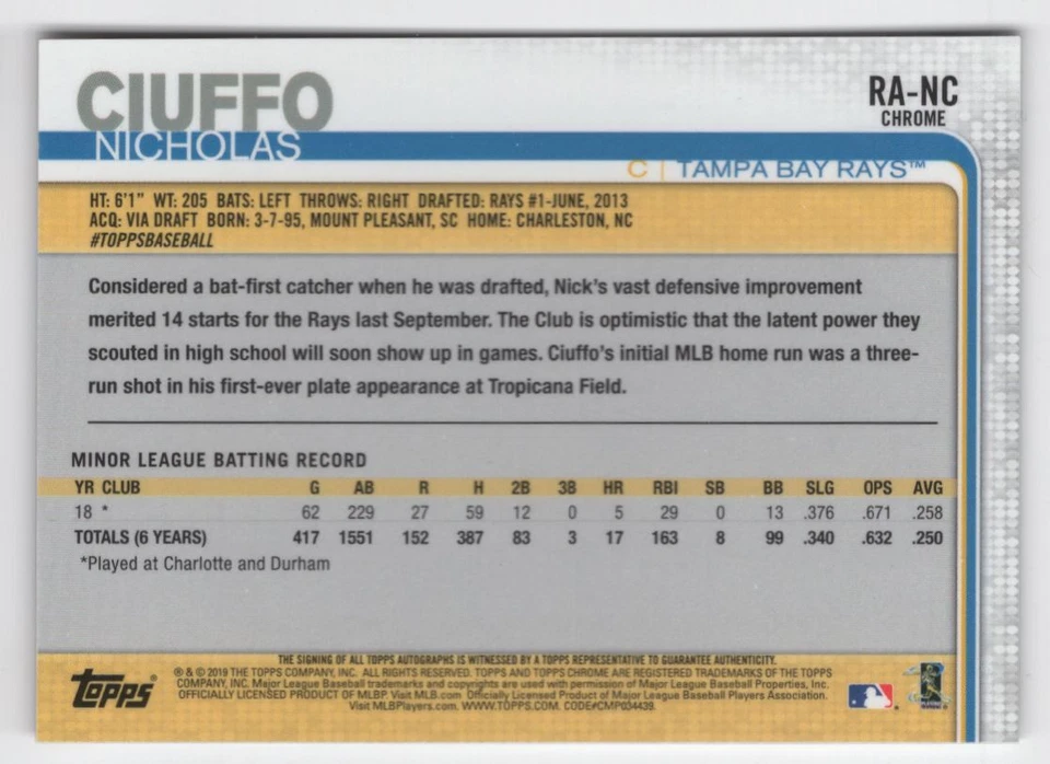 2019 Topps Chrome Rookie Autographs Nick Ciuffo Auto Tampa Bay Rays #RA-NC R91 - Image 2 of 2