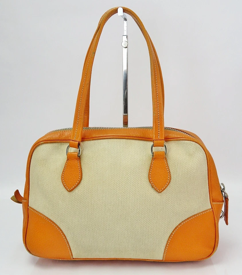 Auth PRADA Beige Canvas and Orange Leather Boston Bag Purse #60620 - Image 3 of 4