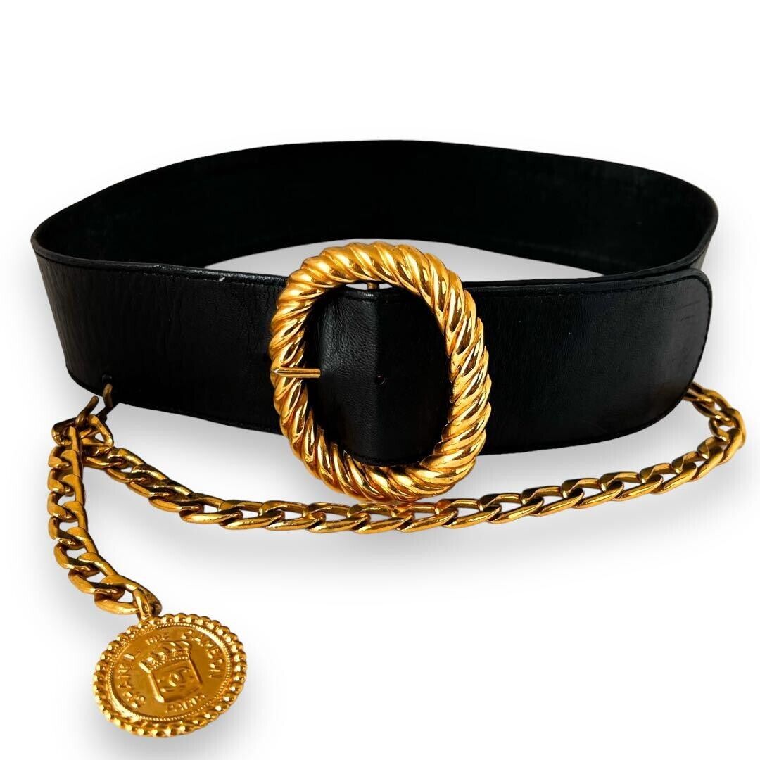 Chanel Black Gold Chain Belt Cambon Line Leather Coco mark Chanel Black Gold Chain Belt Cambon Line Leather Coco mark