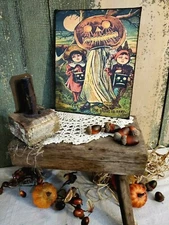VINTAGE PRIMITIVE VICTORIAN  STYLE HALLOWEEN  PUMPKIN GHOST PC CANVAS SIGN