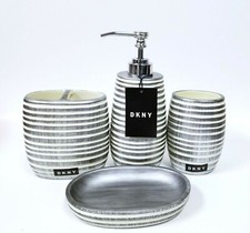 DKNY 4 PC SET WHITE+GRAY STRIPE LINES SOAP DISPENSER,TOOTHBRUSH HOLDER,TUMBLER