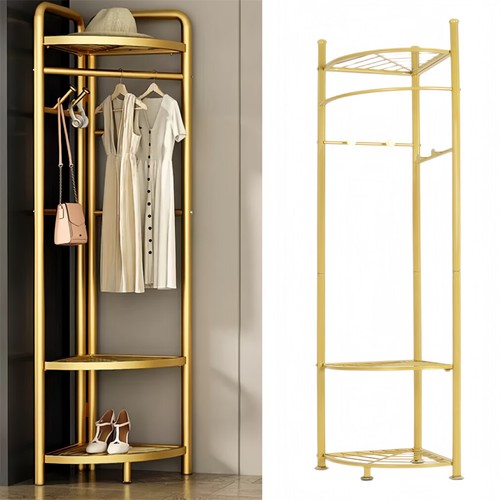 Freestanding Coat Rack Heavy Duty Corner Clothes Hat Clothes Gold Metal w/Shelve - 第 1/14 張圖片