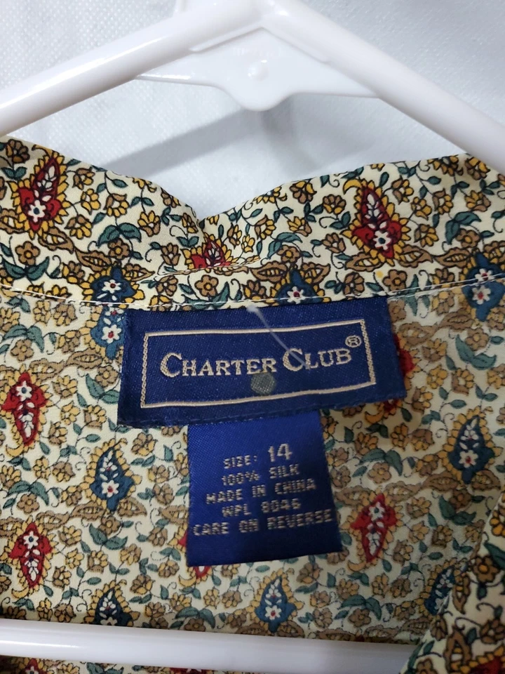 Camisa floral Charter Club 100 % seda manga corta con cuello abotonado talla 14 Foto 2 de 4