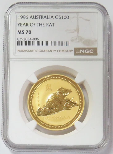 1996 GOLD AUSTRALIA $100 LUNAR YEAR OF THE RAT 1oz NGC MINT STATE 70