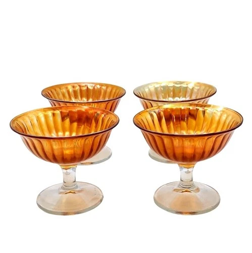 Vintage Imperial Smooth Rays Marigold Carnival Glass Sherbet Dishes Set Of 4