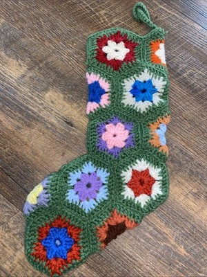 Vintage Crocheted Granny Square 16  Christmas Stocking Green Colorful