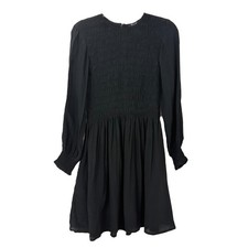 MADEWELL Long-Sleeve Smocked Mini Dress S Jet Black Fitted Bodice Lined NWT B13