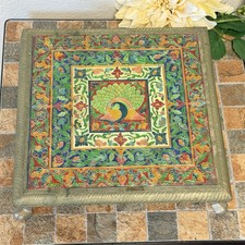 Indian Meenakari Wooden Chowki/Puja Bajot Peacock Covered Metal Sheet Stool 8”