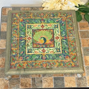 Indian Meenakari Wooden Chowki/Puja Bajot Peacock Covered Metal Sheet Stool 8”