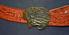 Men's Hand Tooled Leather Belt w/ Native American Chief Brass Belt Buckle 42"
