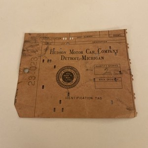 RARE HUDSON MOTOR CAR COMPANY PARTS IDENTIFICATION TAG