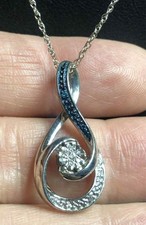 7262 Sterling Silver 925 Blue / clear diamond Swirl pendant Necklace 18" 3.6g