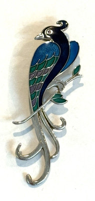 Artisan Made Sterling Silver Enameled Peacock Brooch