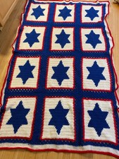 Vintage Handmade Crochet Star of David Afghan Blanket Judaica Blue White Red