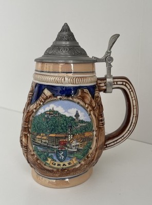 Zinn Austrian Beer Stein From Graz, Austria With Pewter Lid - 6 1/2 