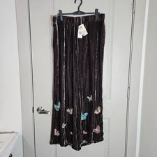 $365 NEW Johnny Was Velvet Wide Leg Pant XL Butterfly Embroidered Brown