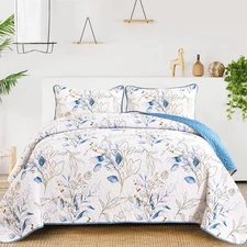 Blue Quilt Set King,3 Pieces Reversible Elegant Blue Botanical Leaves Pattern...