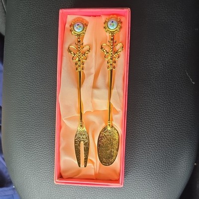 Vintage FONS 2 Pc Tea Spoon & Fork Set 24K Gold Plated Fons NEW in Box