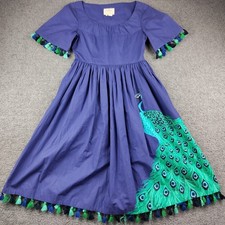 Kate Spade Peacock Plume Poplin Dress Deep Sea Blue Tassels SZ 2 Women's