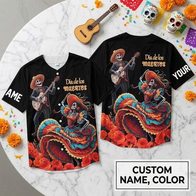 Custom Name Dia De Muertos Baseball Jersey, Day Of The Dead Sugar Skull Shirt