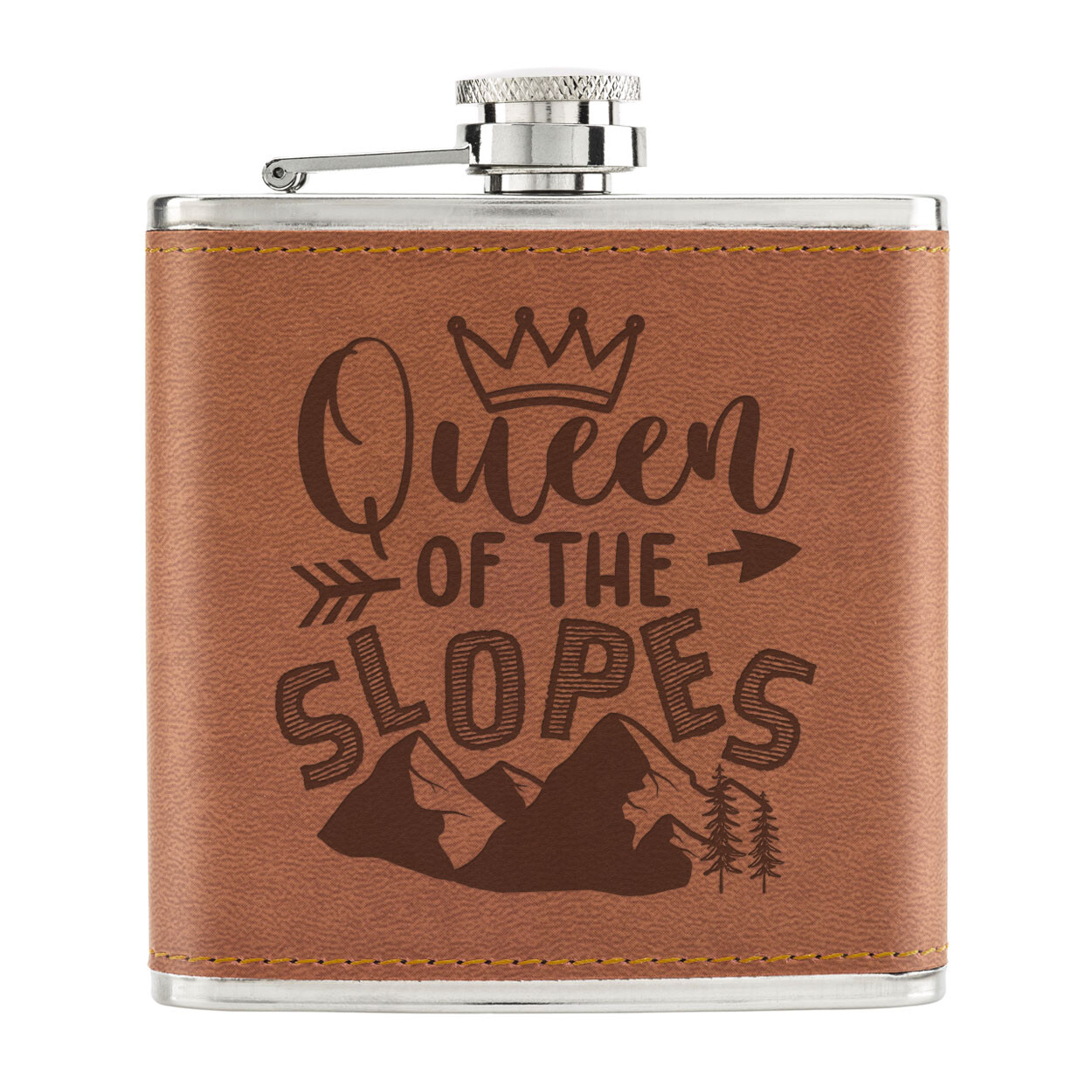 Queen Of The Slopes 6oz PU Leather Hip Flask Tan Funny Skiing Snowboarding
