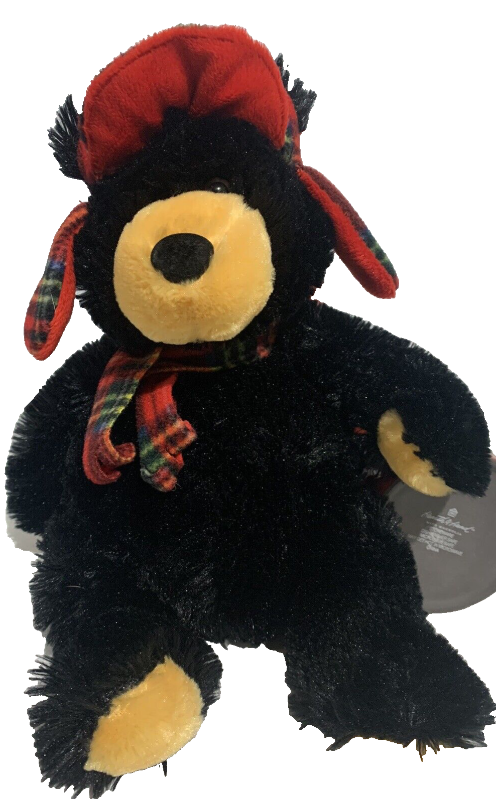 Wishpets 10 Inch Black Bear Plush with Rusty Plaid Hat and Ear Flaps Christmas Stuffed Animal