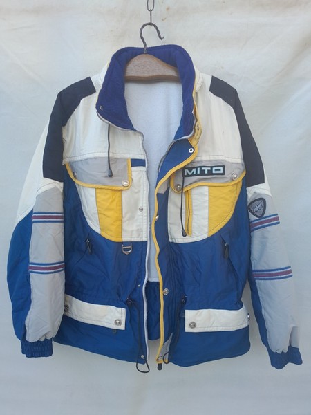 Chaqueta de esquí Mito vintage para hombre grande azul blanco forrada de lana logotipo grueso nailon