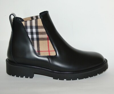 NIB BURBERRY MENS LEATHER ALLOSTOCK CHECK CHELSEA BOOTS EU US 