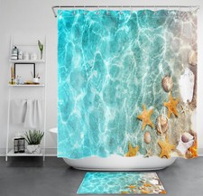 Summer Blue Ocean Starfish Coastal Beach Shower Curtain Set for Bathroom Decor
