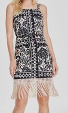 Tahari ASL Womens Black Border-Print Fringe Sheath Dress Size 12