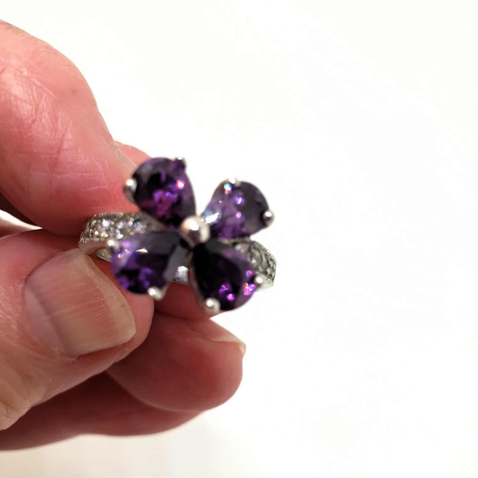 Simulated Amethyst & Rhinestone Silver Tone Flowe… - image 10