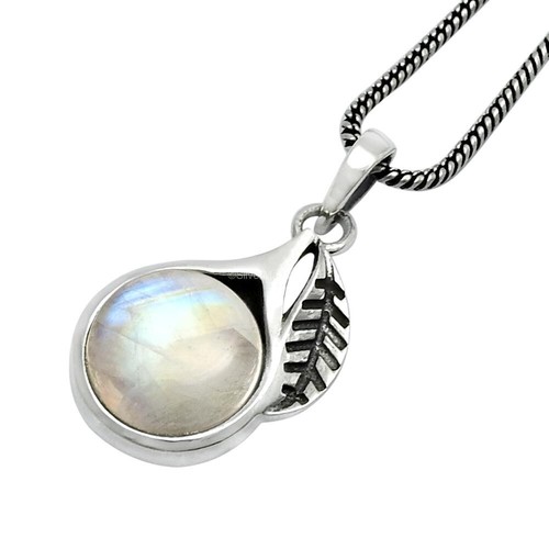 Natural Rainbow Moonstone Bezel Leaf Pendant 925 Sterling Silver Women Gift - Picture 3 of 6