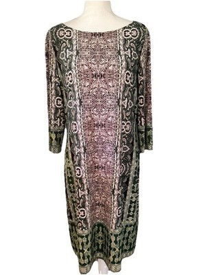 London Times  Sheath Knee Length Dress Boho Print Sz 14 Burgundy Green Beige 