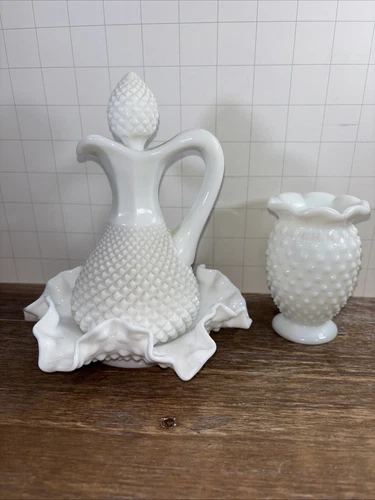 Vintage Milk Glass 6” Pitcher W/ Stopper, Tray & 3.5” Vase