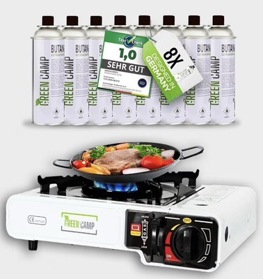 Green Camp  Camping Gaskocher Set - inkl. 8x227 g Kartuschen -CE-geprüft